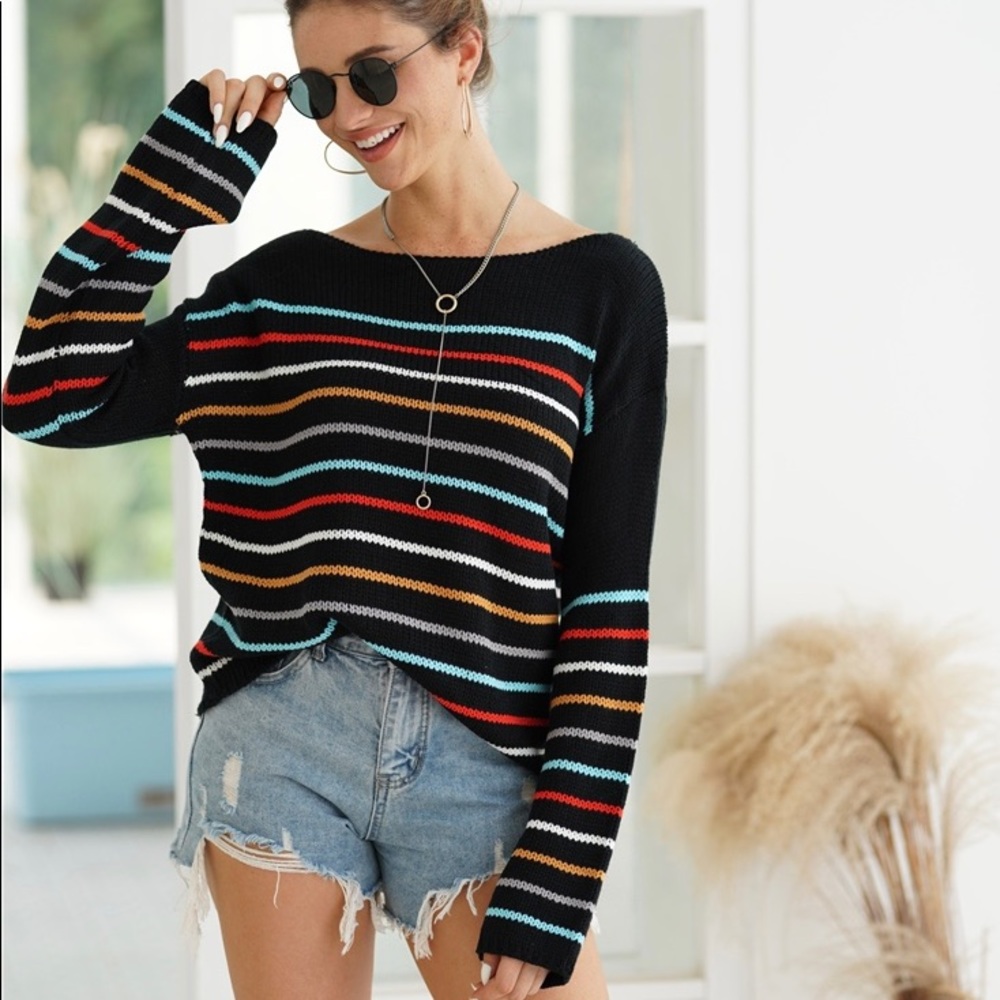 ♦️🎊Free Breeze Colorful Striped Sweater Black - Picture 6 of 7